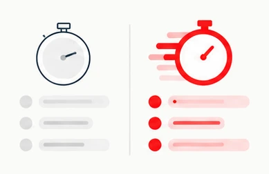 A slow stopwatch next to a fast one, showing ordering steps getting quicker